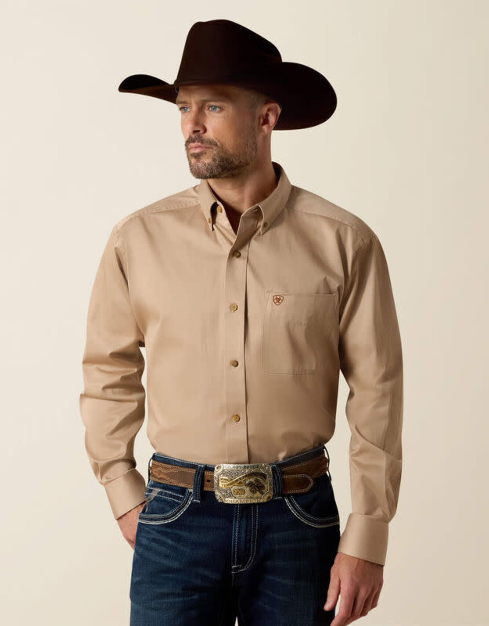 Ariat Ariat Mens Solid Khaki Twill Long Sleeve Button Western Shirt