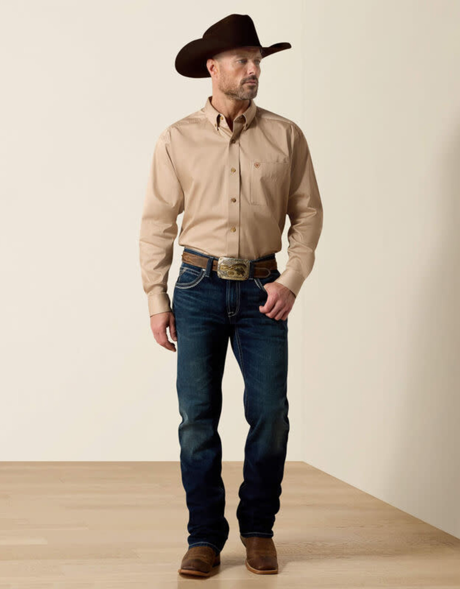 Ariat Ariat Mens Solid Khaki Twill Long Sleeve Button Western Shirt