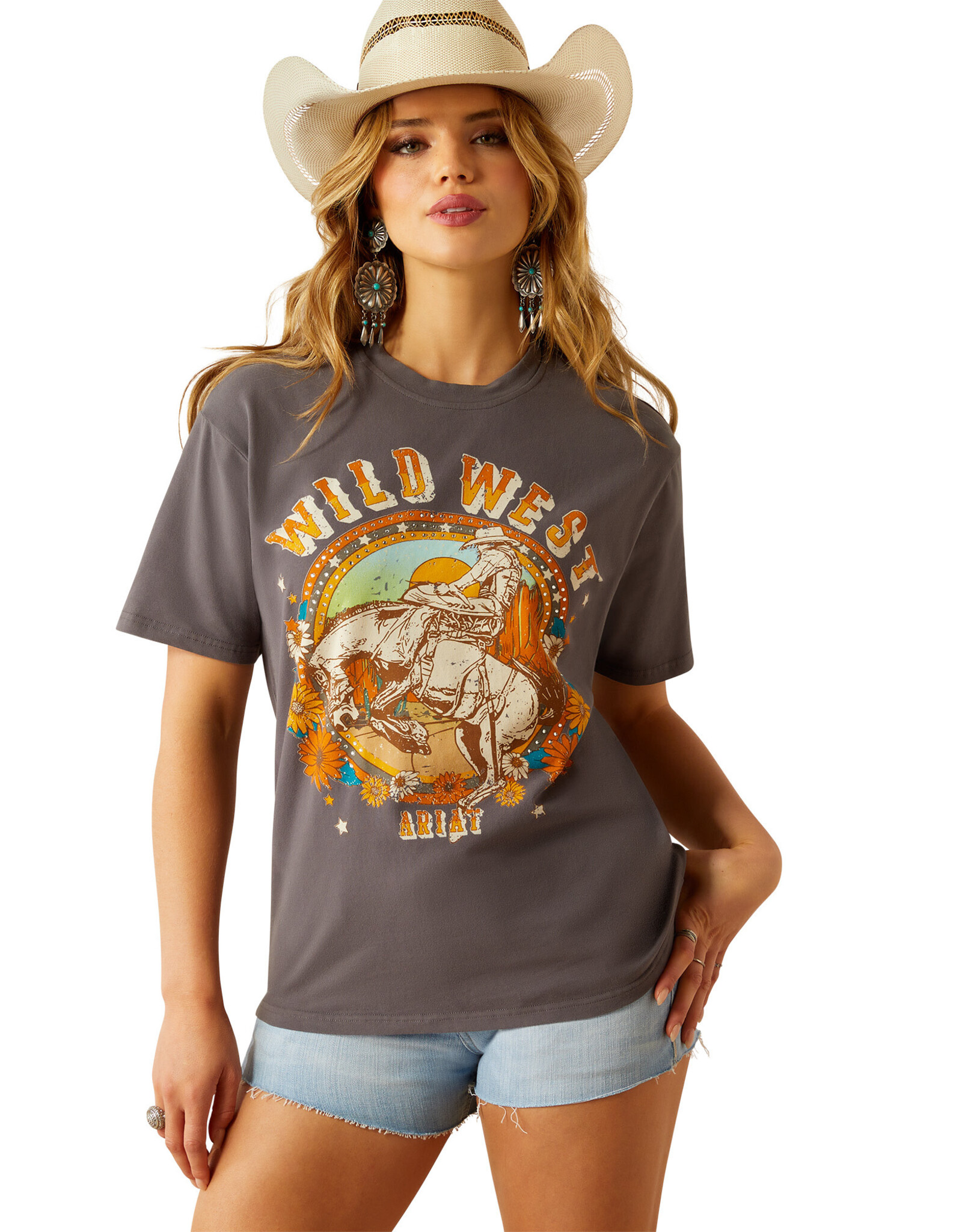 Ariat Womens Ariat Wild West Floral Grey Short Sleeve T Shirt