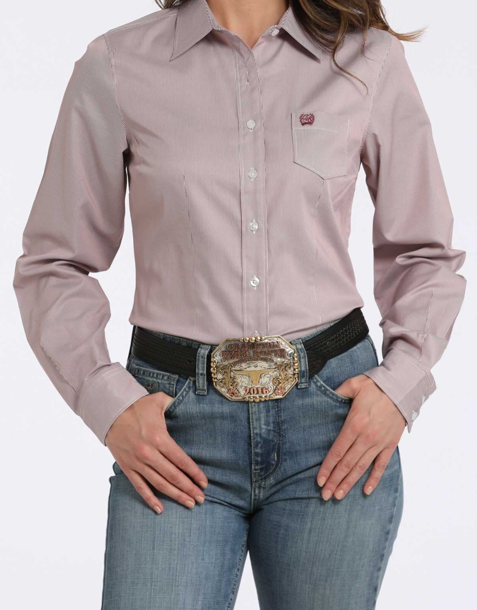 Cinch Womens Cinch Pink Micro Stripe Tencel Long Sleeve Button Western Arena Shirt