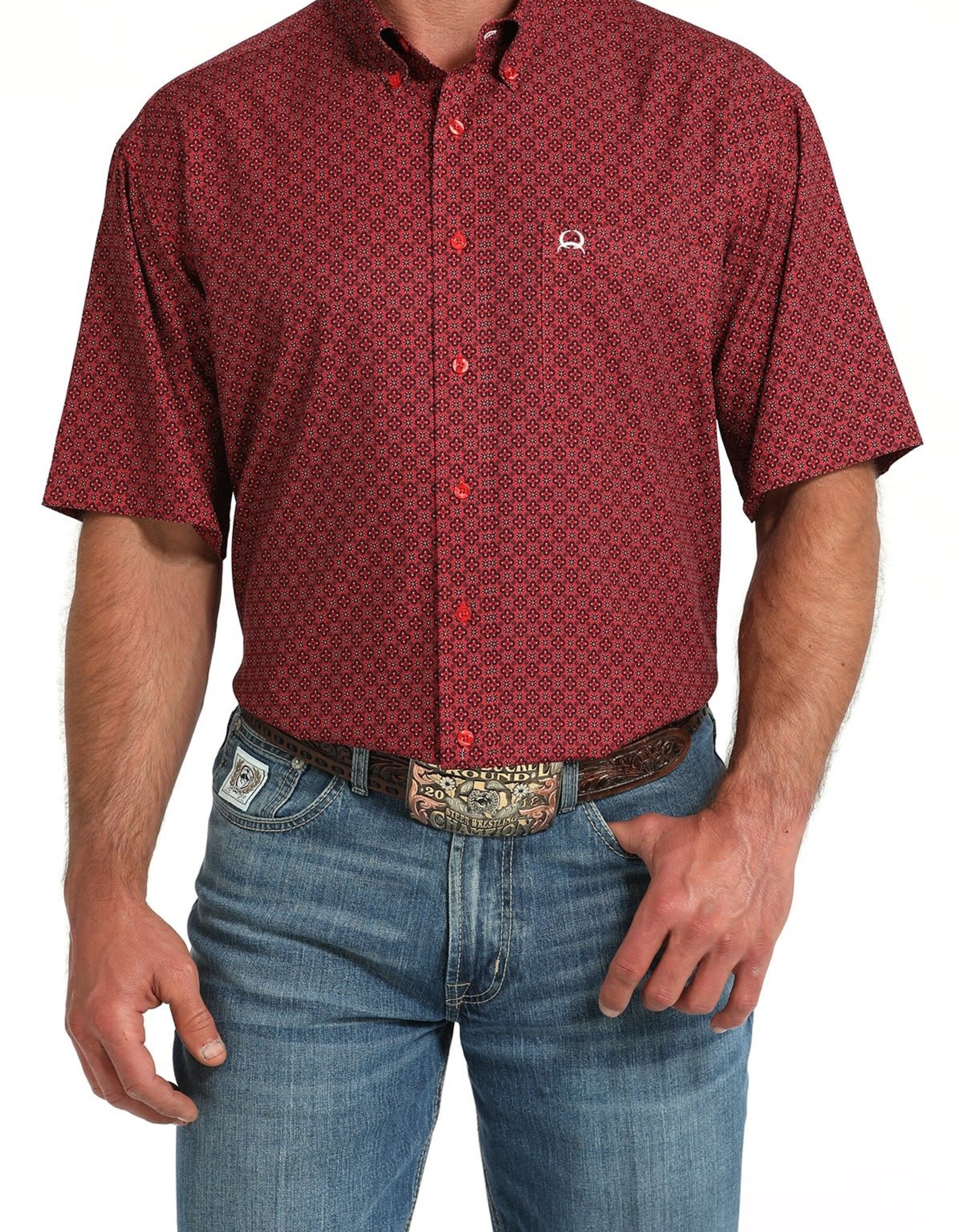 Cinch Mens Cinch Red Print Short Sleeve Arena Flex Western Button Shirt