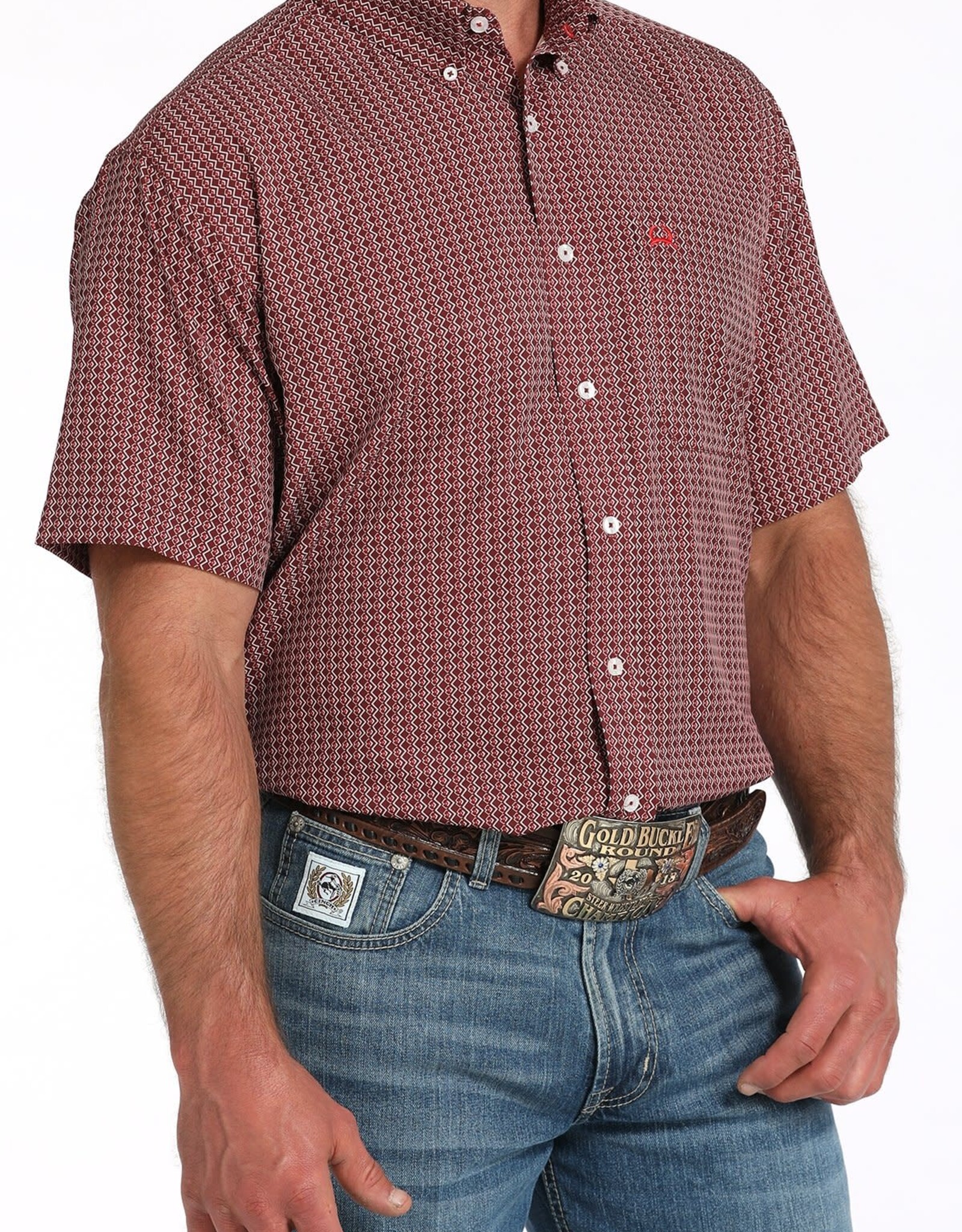 Cinch Mens Cinch Burgundy Print Short Sleeve Arena Flex Western Button Shirt