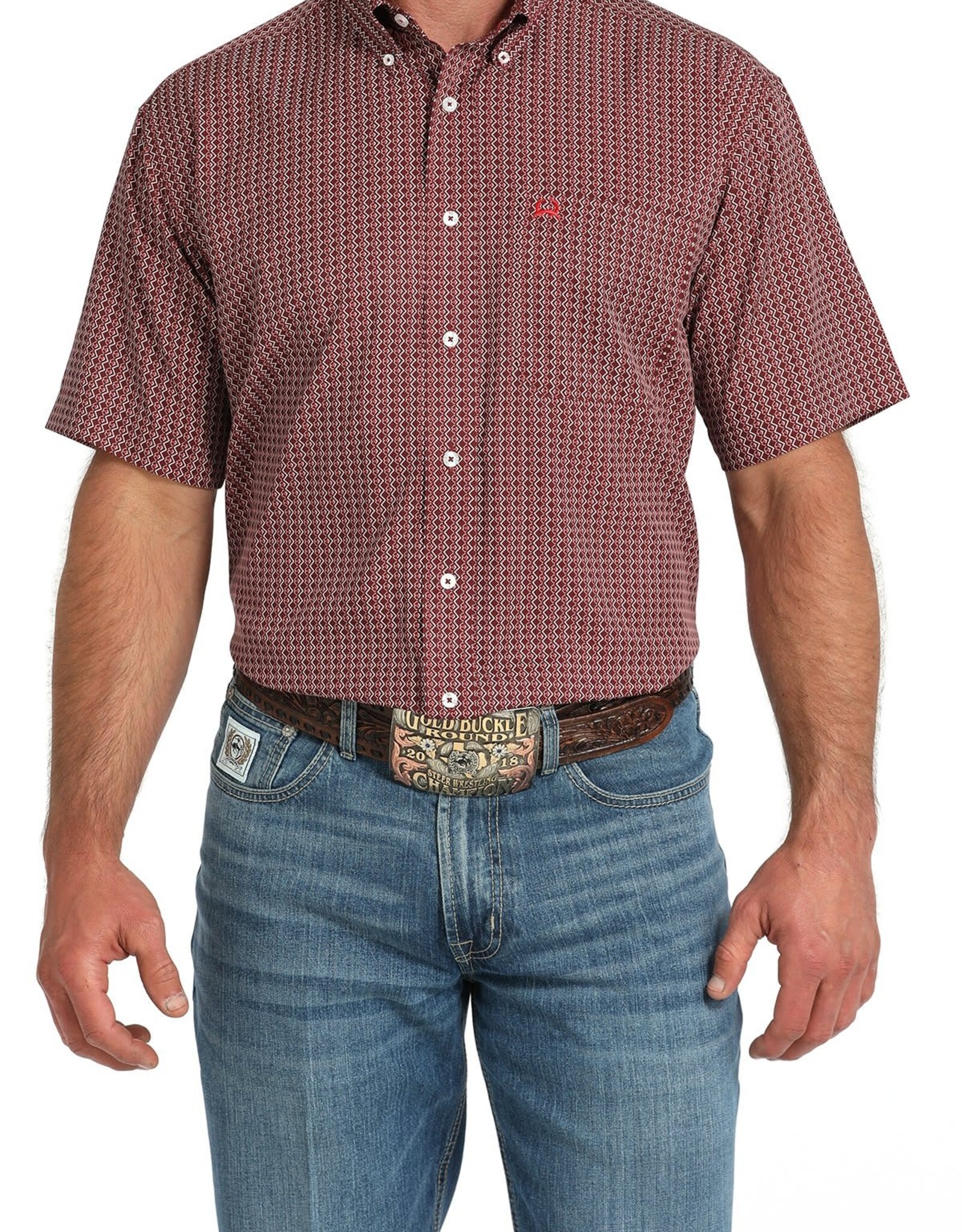 Cinch Mens Cinch Burgundy Print Short Sleeve Arena Flex Western Button Shirt