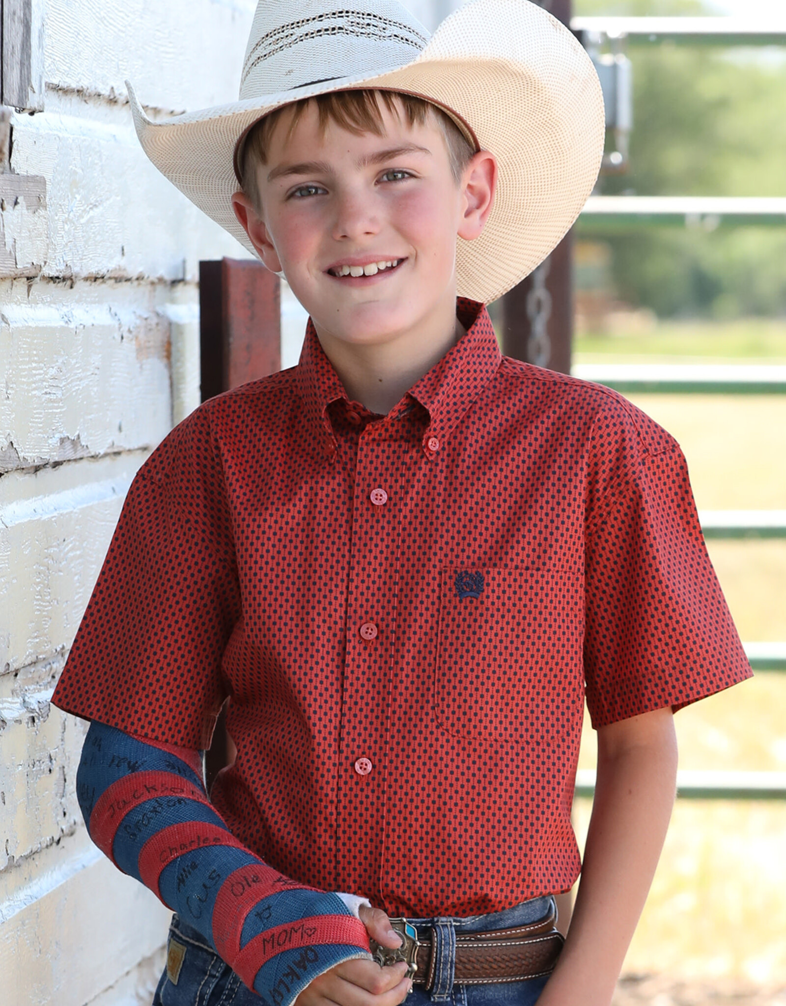 Cinch Boys Cinch Red Geo Print Short Sleeve Button Western Shirt