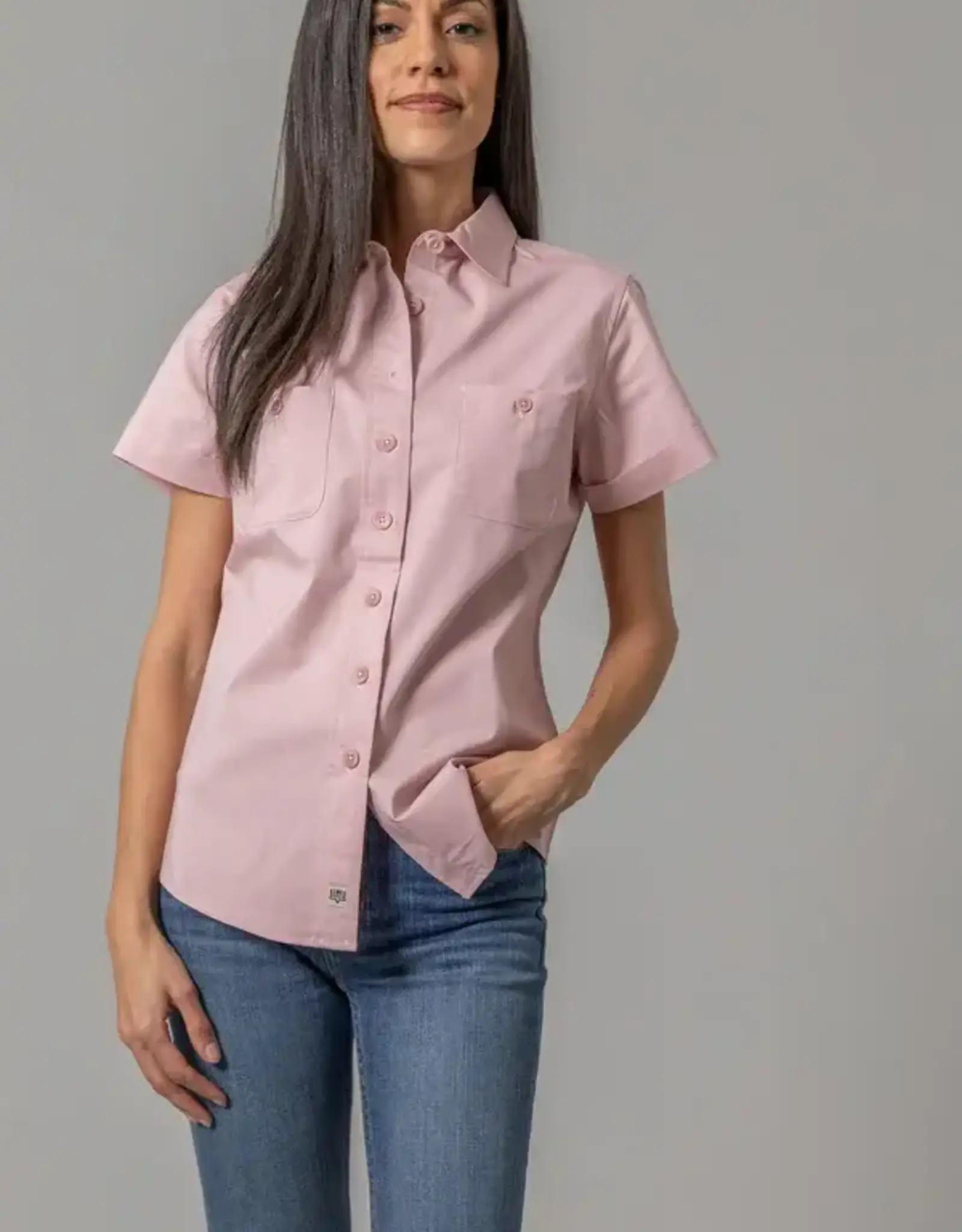 Kimes Womens Linville Coolmax Solid Pink Button Down Short Sleeve Shirt