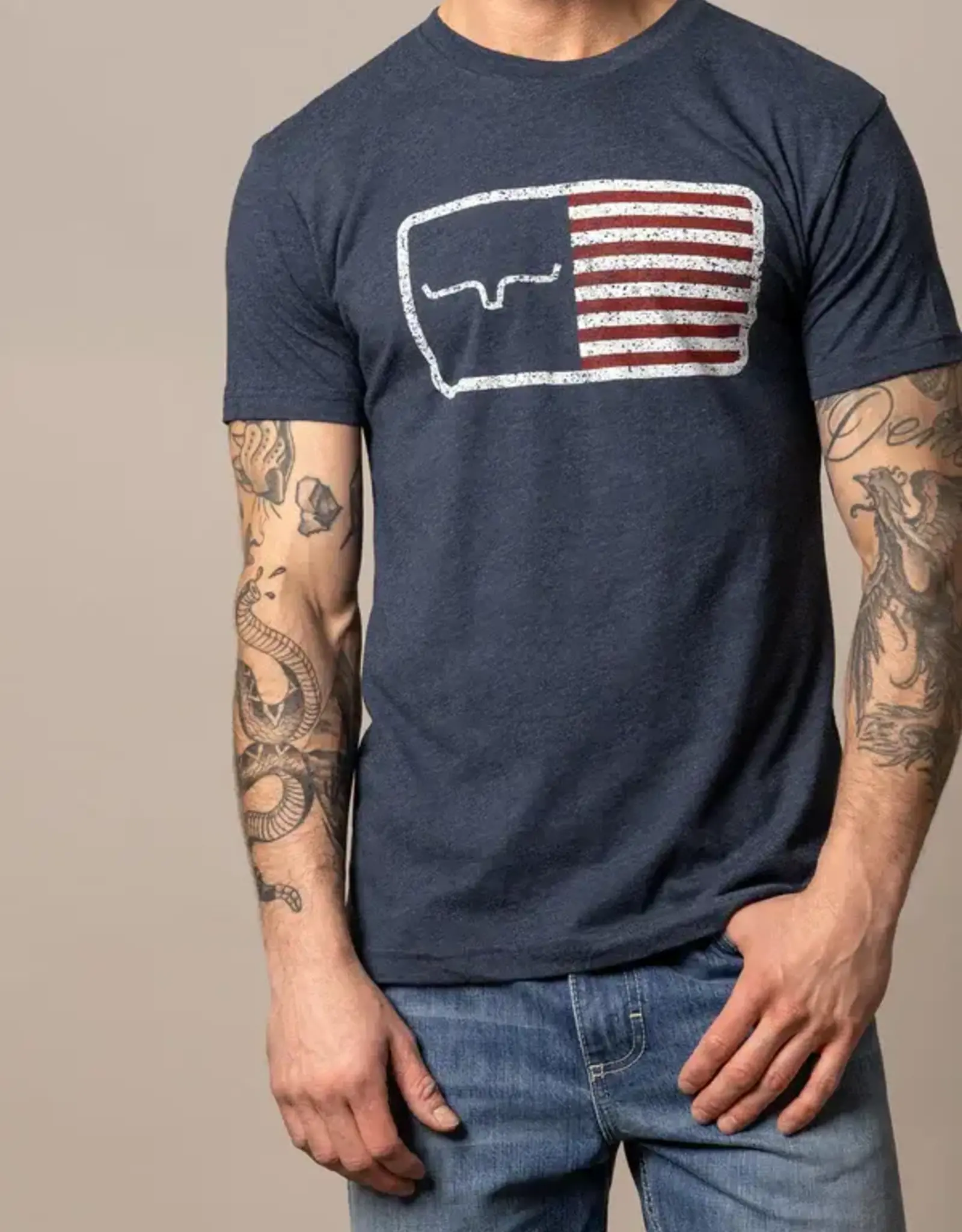 Mens Kimes Ranch American Trucker Navy USA Flag Short Sleeve T Shirt