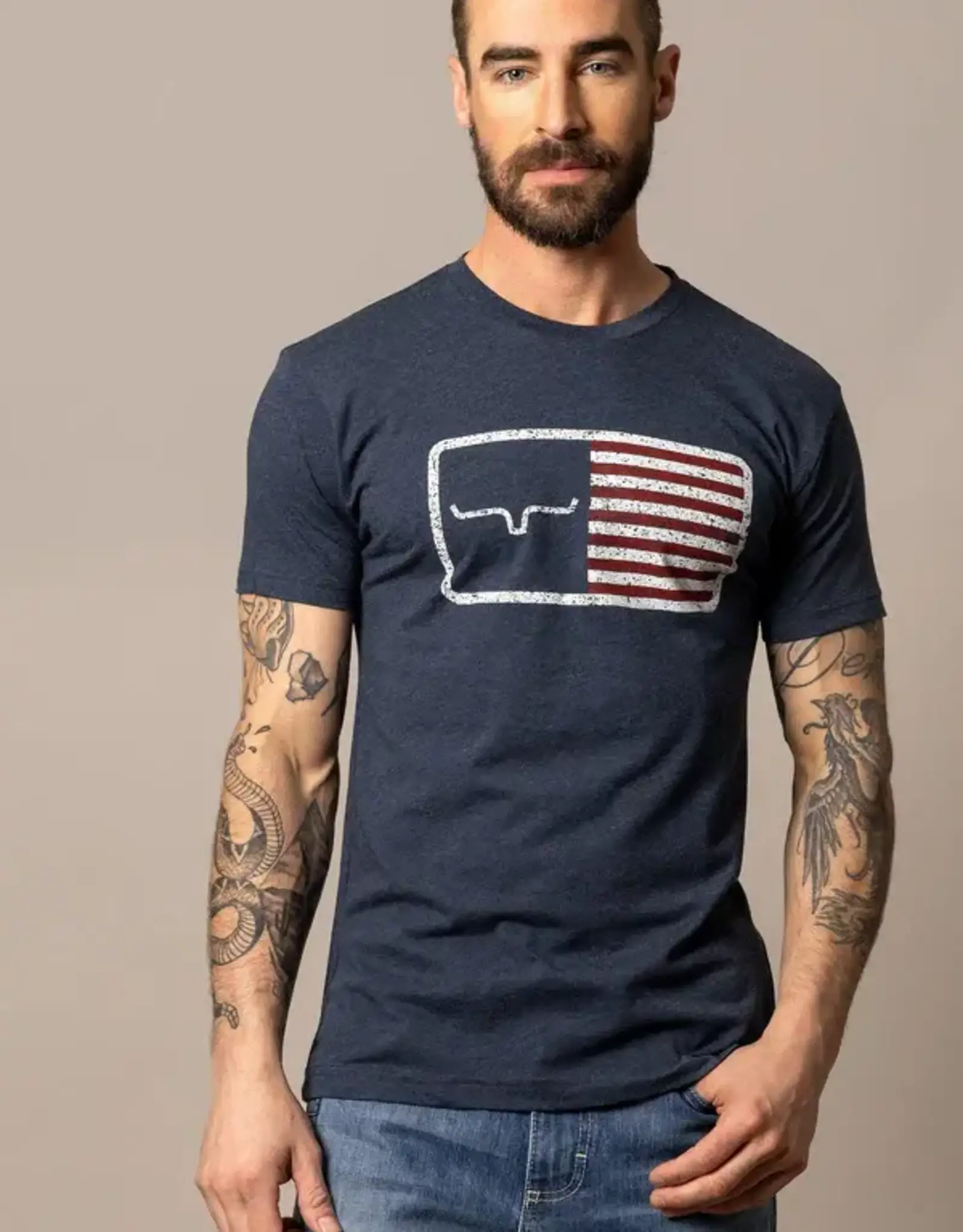 Mens Kimes Ranch American Trucker Navy USA Flag Short Sleeve T Shirt