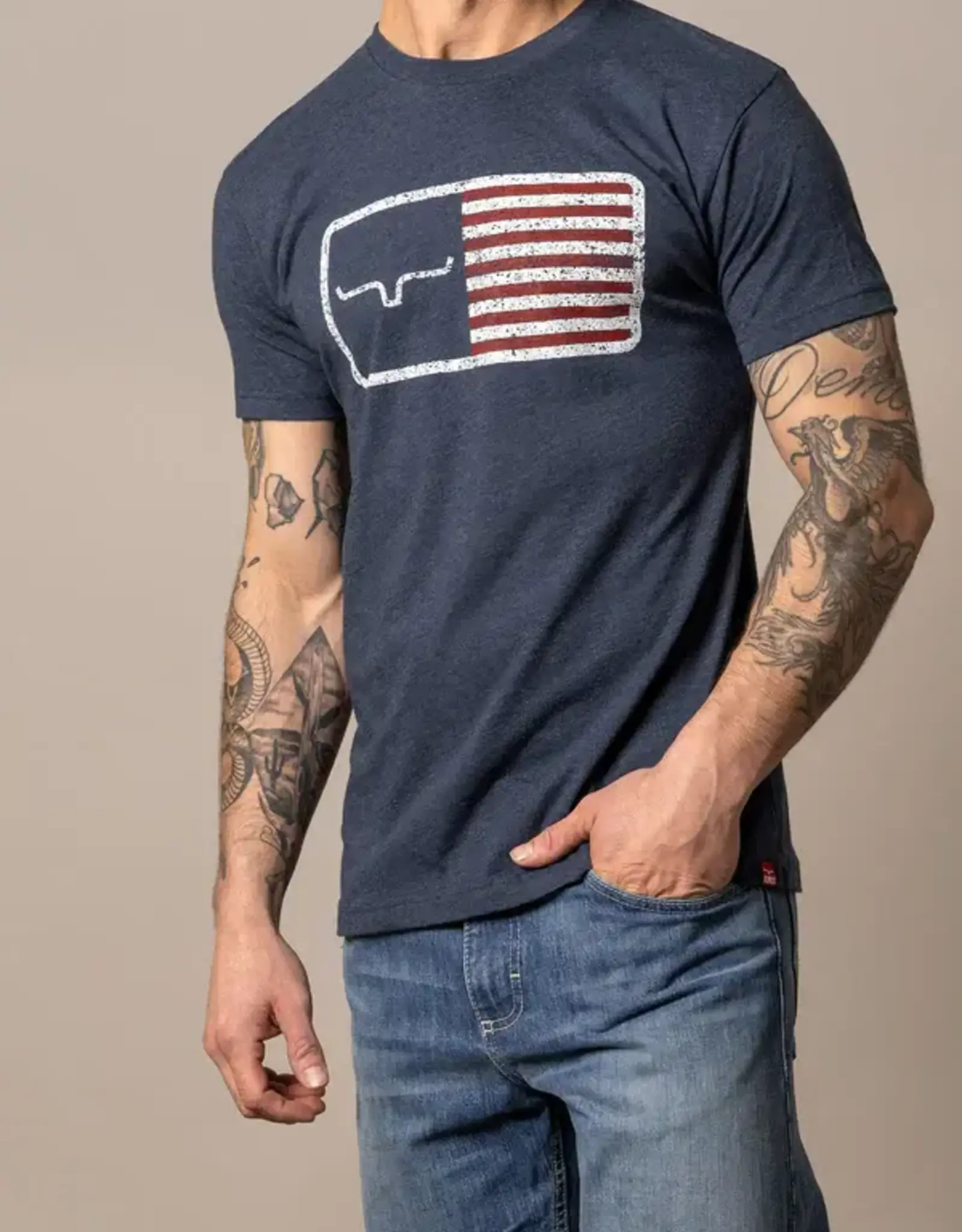 Mens Kimes Ranch American Trucker Navy USA Flag Short Sleeve T Shirt