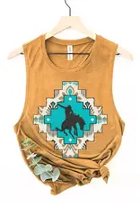 HRT and LUV Womens Aztec Cowboy Mineral Mustard Graphic Tank Top