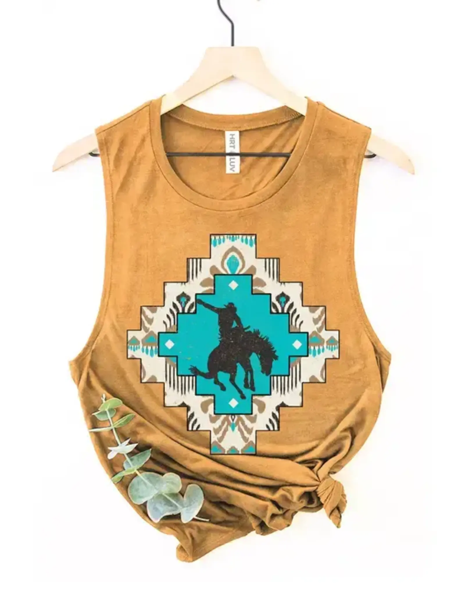 HRT and LUV Womens Aztec Cowboy Mineral Mustard Graphic Tank Top