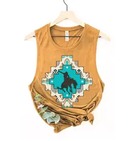 HRT and LUV Womens Aztec Cowboy Mineral Mustard Graphic Tank Top