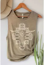 HRT and LUV Womens Aztec Cow Skull Mineral Taupe Graphic Tank Top