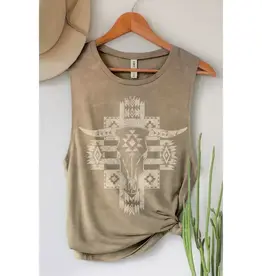 HRT and LUV Womens Aztec Cow Skull Mineral Taupe Graphic Tank Top