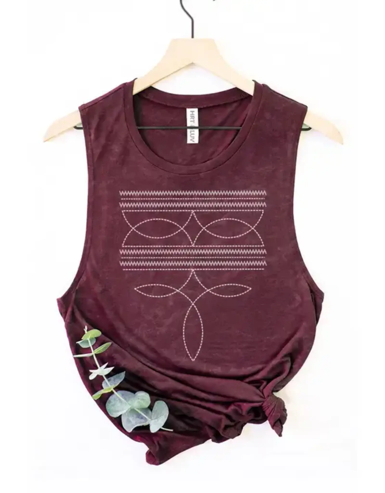 HRT and LUV Womens Cowboy Boot Toe Stitch Mineral Burgundy Cowgirl Graphic Tank Top