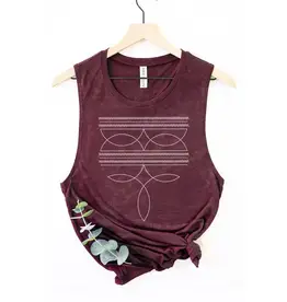 HRT and LUV Womens Cowboy Boot Toe Stitch Mineral Burgundy Cowgirl Graphic Tank Top