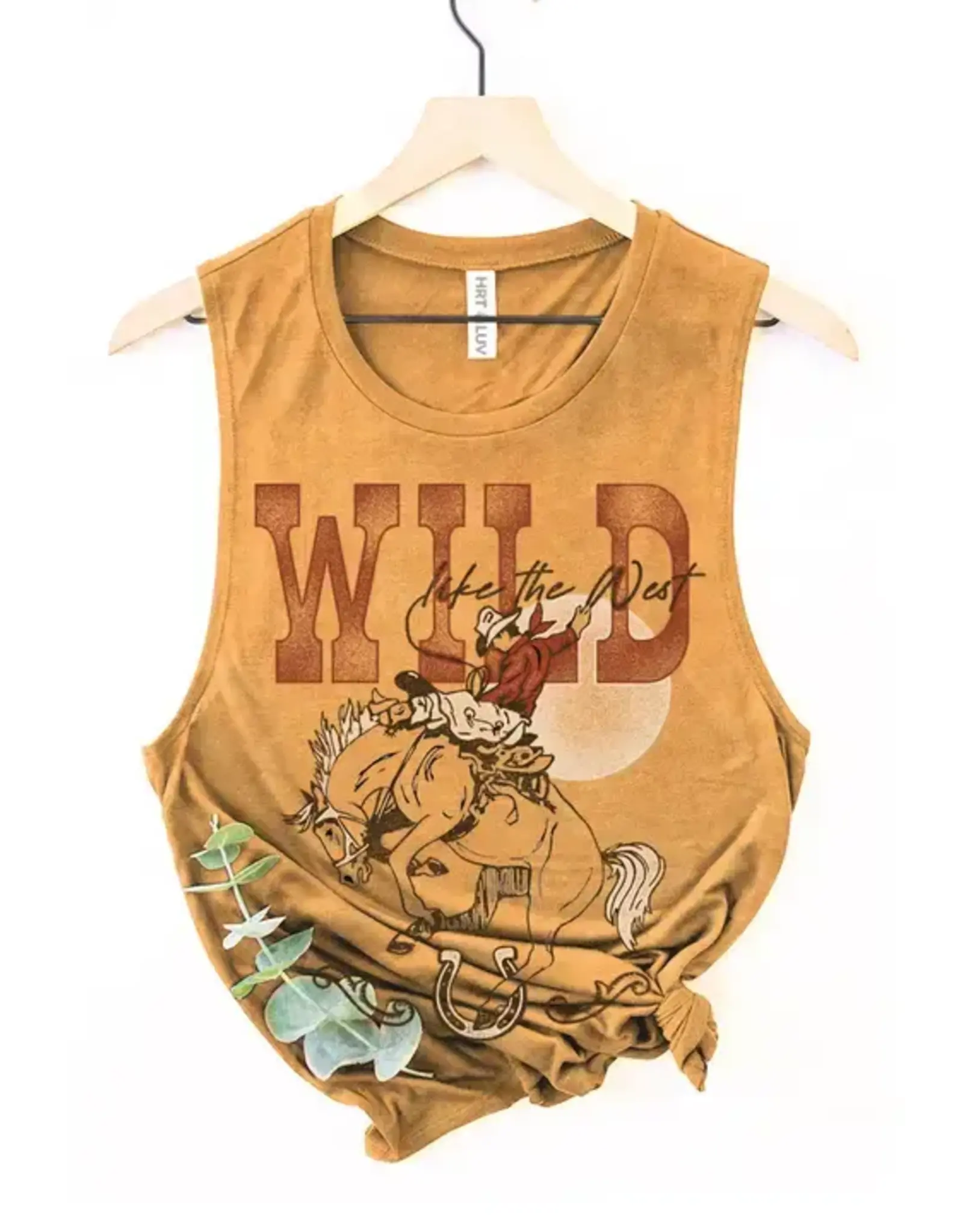 HRT and LUV Womens Wild Like The West Mineral Mustard Cowgirl Graphic Tank Top