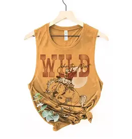 HRT and LUV Womens Wild Like The West Mineral Mustard Cowgirl Graphic Tank Top