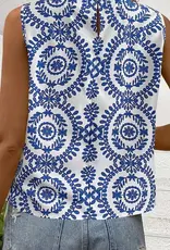 Lovesoft Womens Blue Vintage Print Pintuck Crew Neck Tank Top