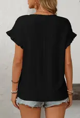 Lovesoft Womens Solid Black Crewneck Sweet Short Sleeve Hollow Out Top