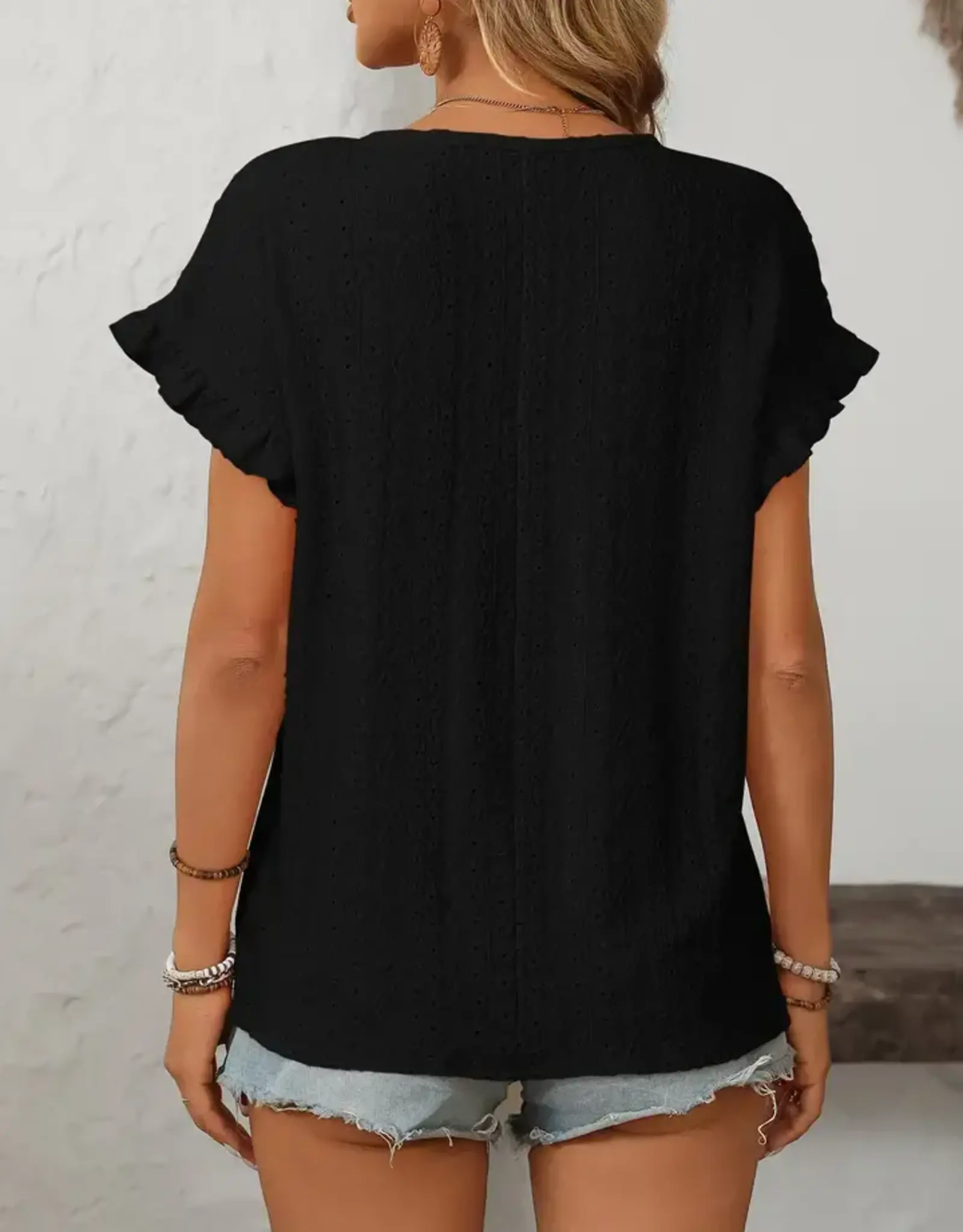 Lovesoft Womens Solid Black Crewneck Sweet Short Sleeve Hollow Out Top