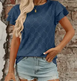 Lovesoft Womens Teal Eyelet Short Sleeve Top Ruffle Summer Blouse