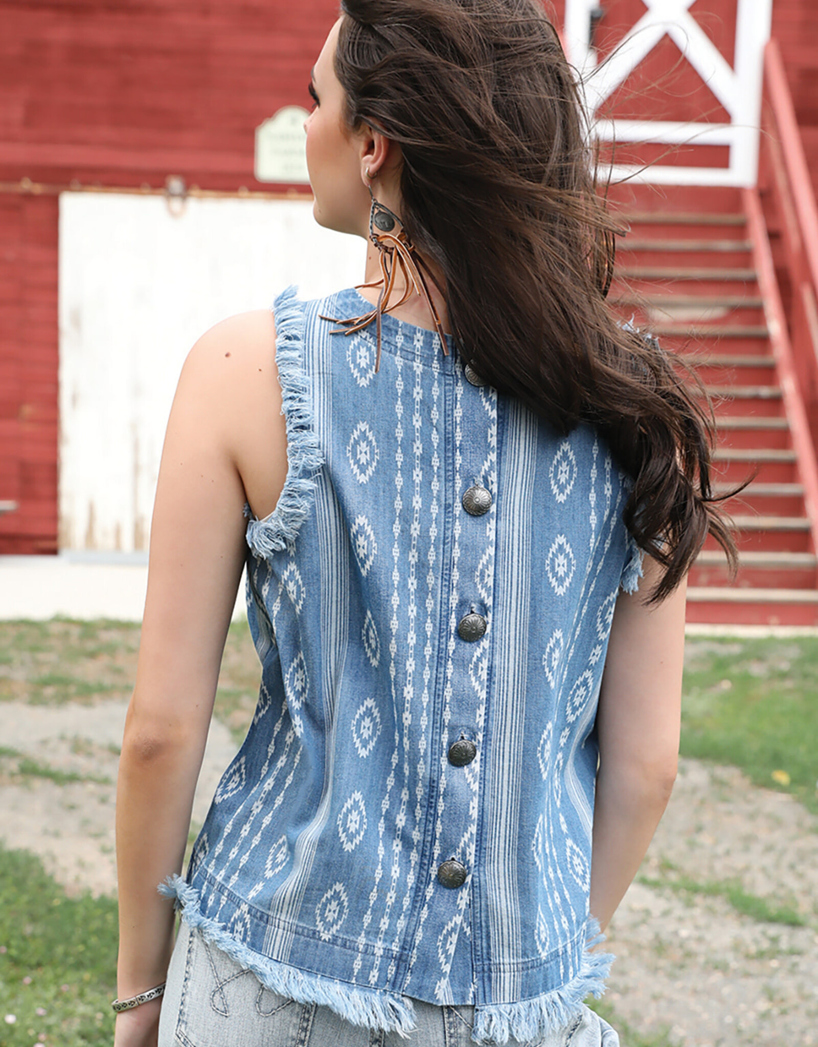 Womens Cruel Denim Aztec Chambray Denim Western Tank Top