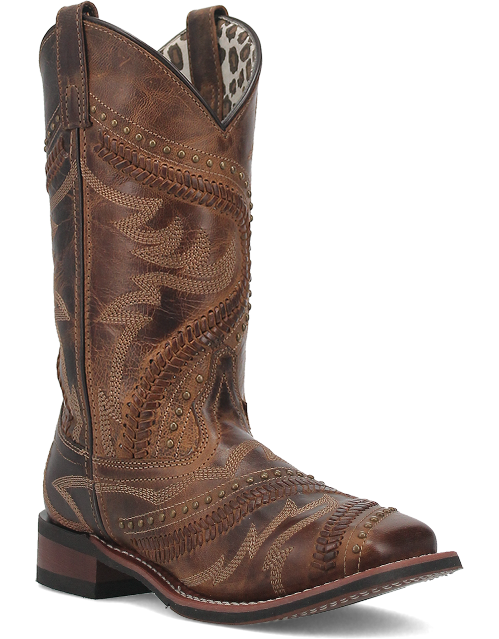Womens Laredo Distressed Laces and Studded Square Toe Western Cowboy Boot