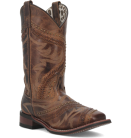 Womens Laredo Distressed Laces and Studded Square Toe Western Cowboy Boot