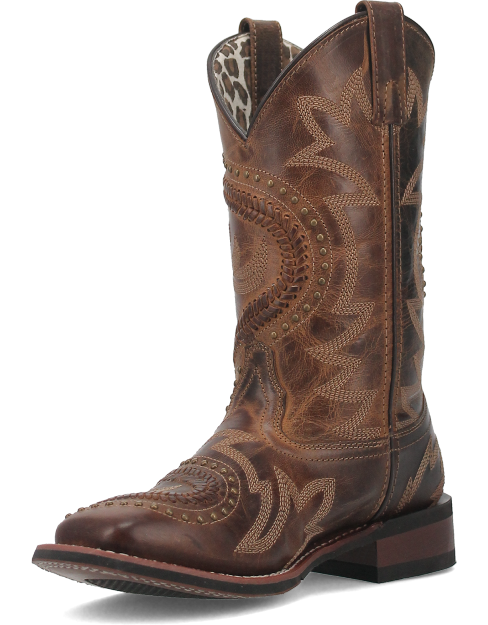 Womens Laredo Distressed Laces and Studded Square Toe Western Cowboy Boot