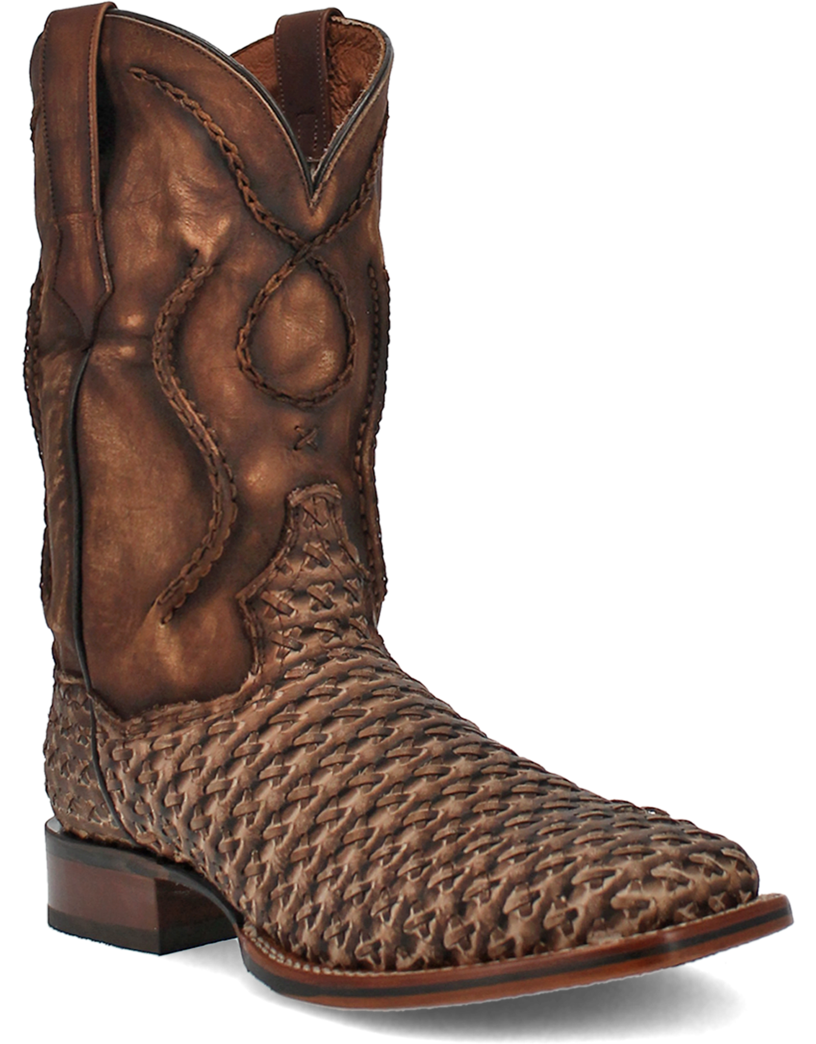 Mens Dan Post Tan Distressed Cross Laced Wide Square Toe Cowboy Boot