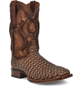 Mens Dan Post Tan Distressed Cross Laced Wide Square Toe Cowboy Boot