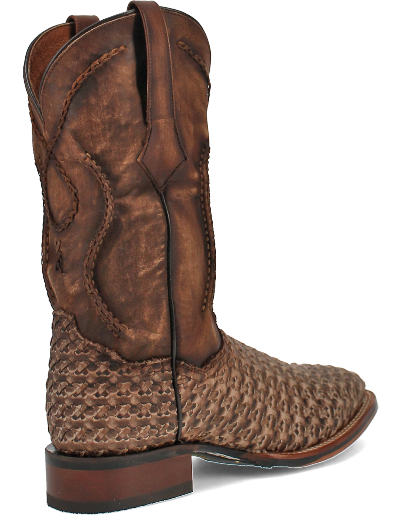 Mens Dan Post Tan Distressed Cross Laced Wide Square Toe Cowboy Boot