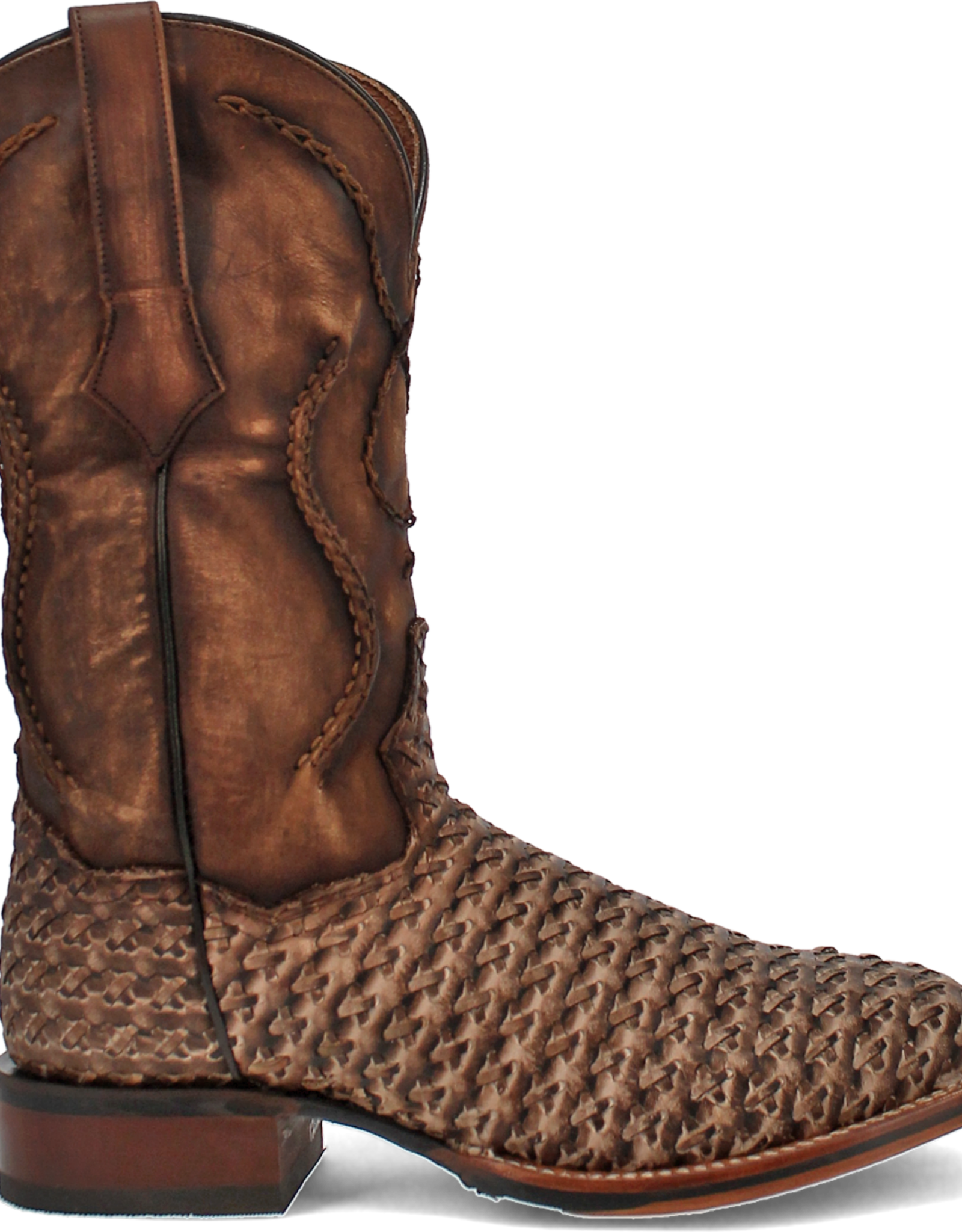 Mens Dan Post Tan Distressed Cross Laced Wide Square Toe Cowboy Boot