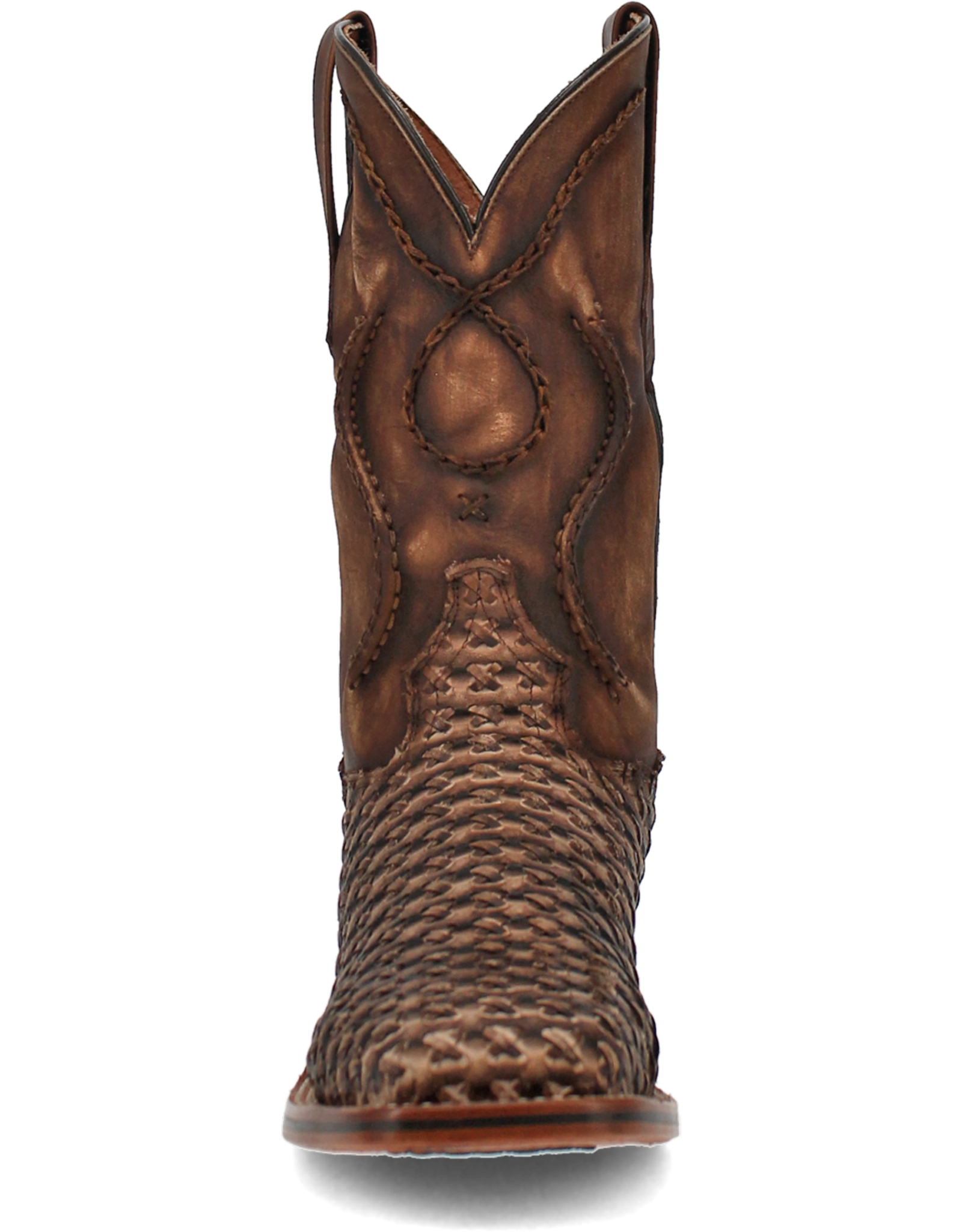Mens Dan Post Tan Distressed Cross Laced Wide Square Toe Cowboy Boot