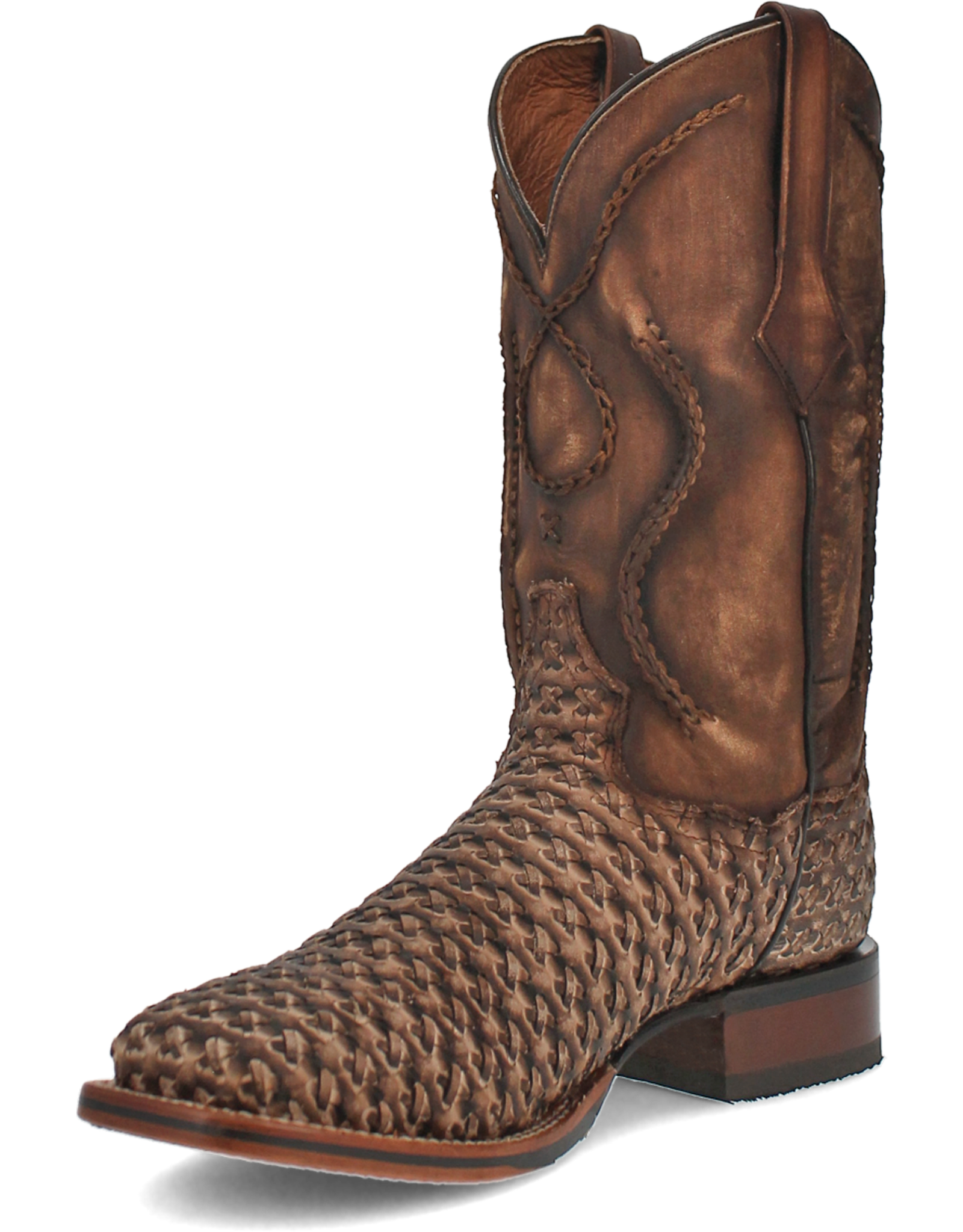 Mens Dan Post Tan Distressed Cross Laced Wide Square Toe Cowboy Boot