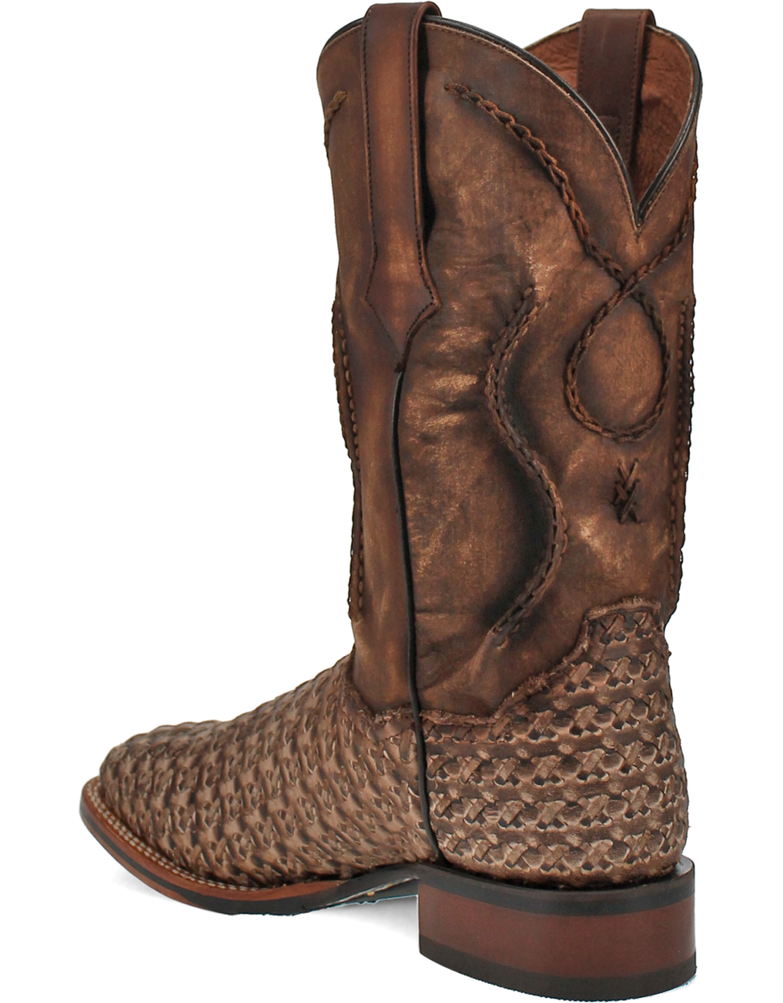 Mens Dan Post Tan Distressed Cross Laced Wide Square Toe Cowboy Boot