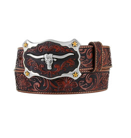 Justin Belt Justin Brown Tooled Belt with Leather Longhorn Buckle