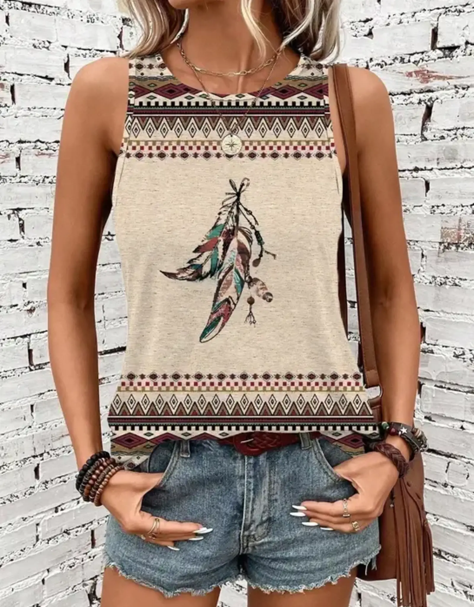 Rosa Clothing Womens Western Aztec Feather Pattern Tank Top