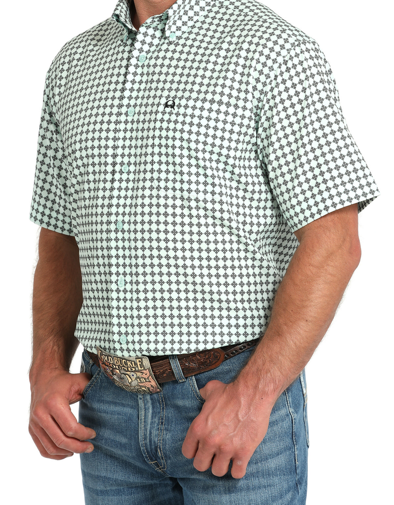 Cinch Mens Cinch Light Blue Print Short Sleeve Arena Flex Western Button Shirt