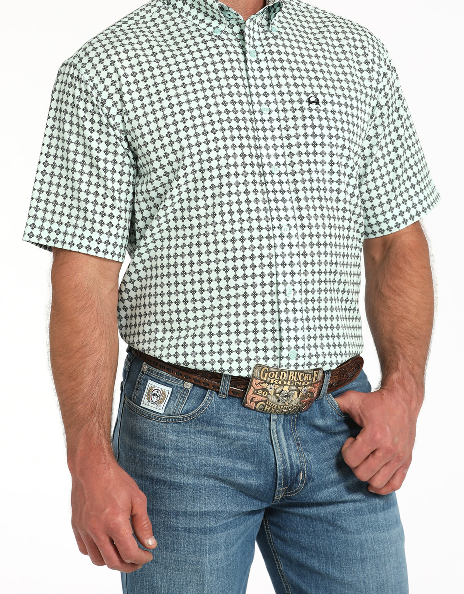 Cinch Mens Cinch Light Blue Print Short Sleeve Arena Flex Western Button Shirt