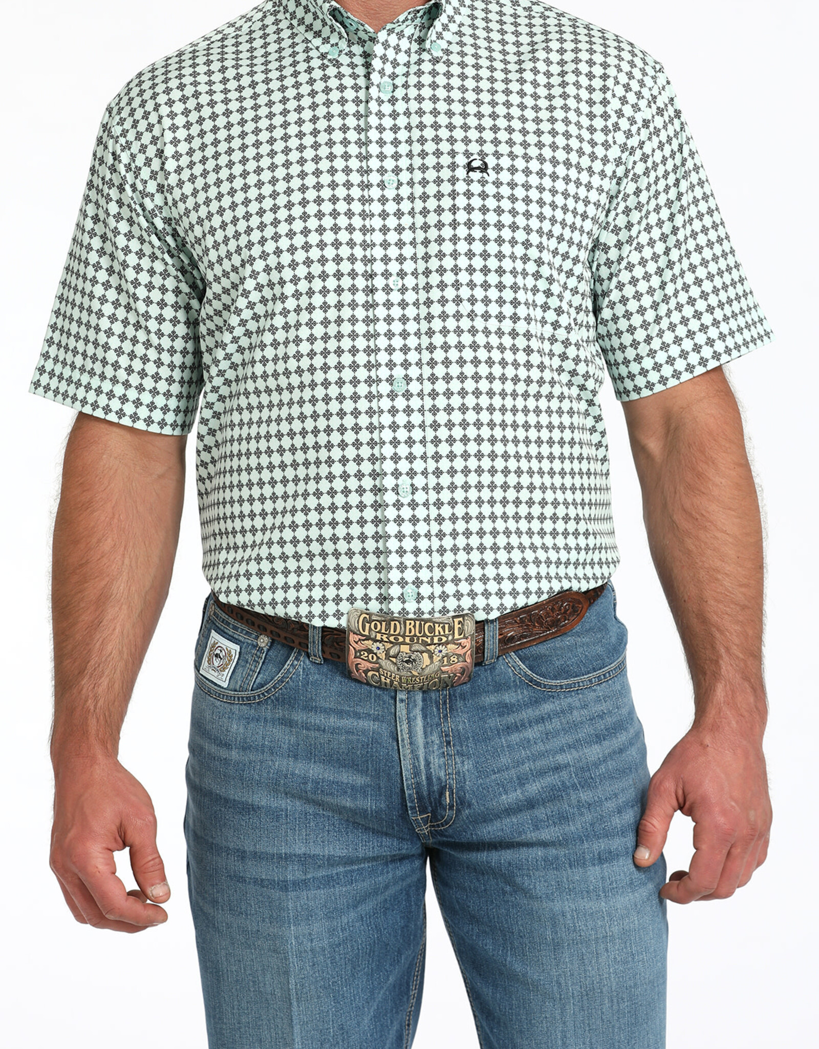 Cinch Mens Cinch Light Blue Print Short Sleeve Arena Flex Western Button Shirt