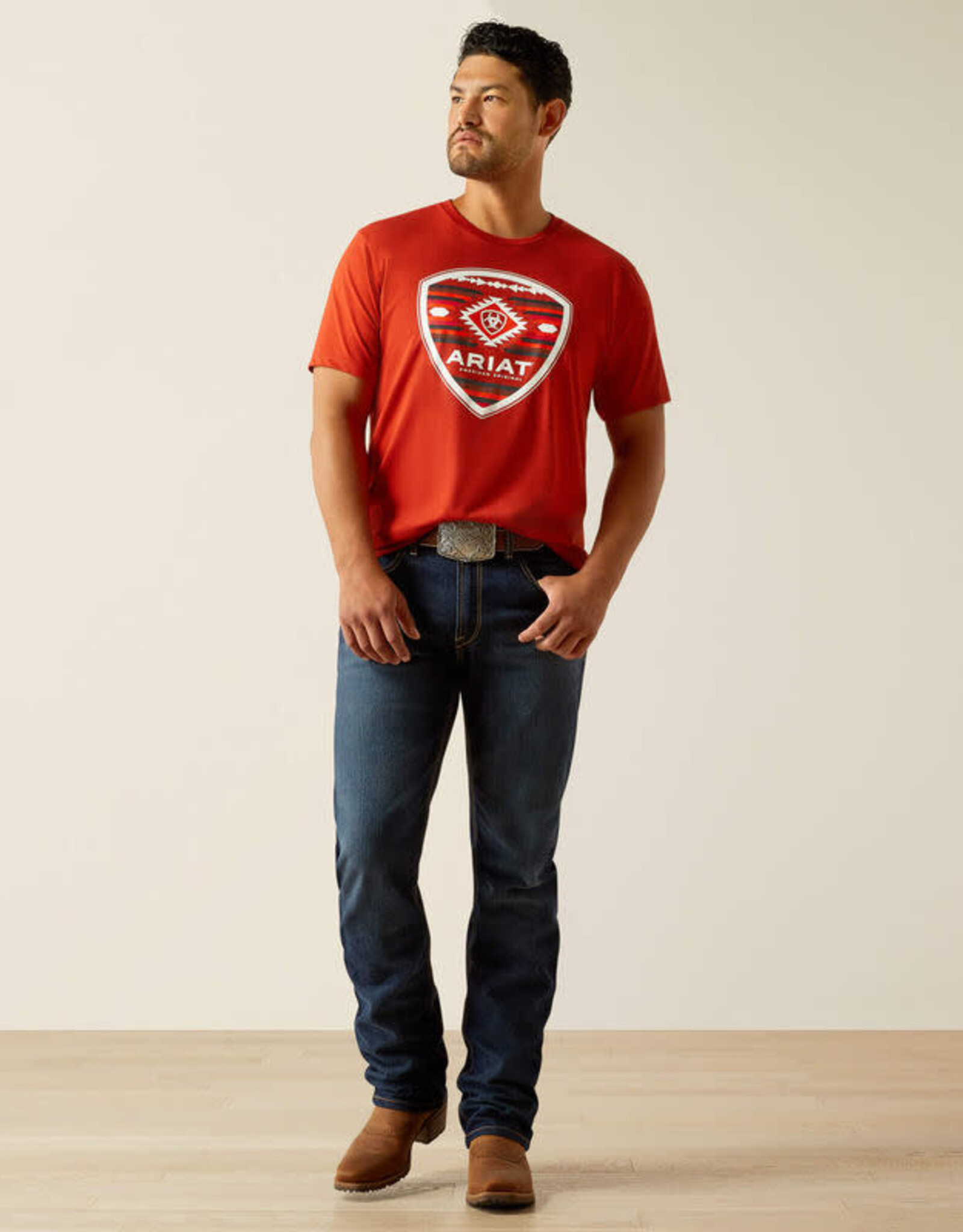 Ariat Ariat Mens Red Aztec Filled Shield Short Sleeve T Shirt
