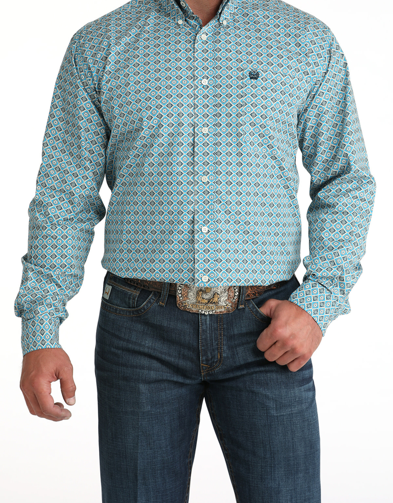 Cinch Mens Cinch Blue Print Long Sleeve Western Button Arena Shirt