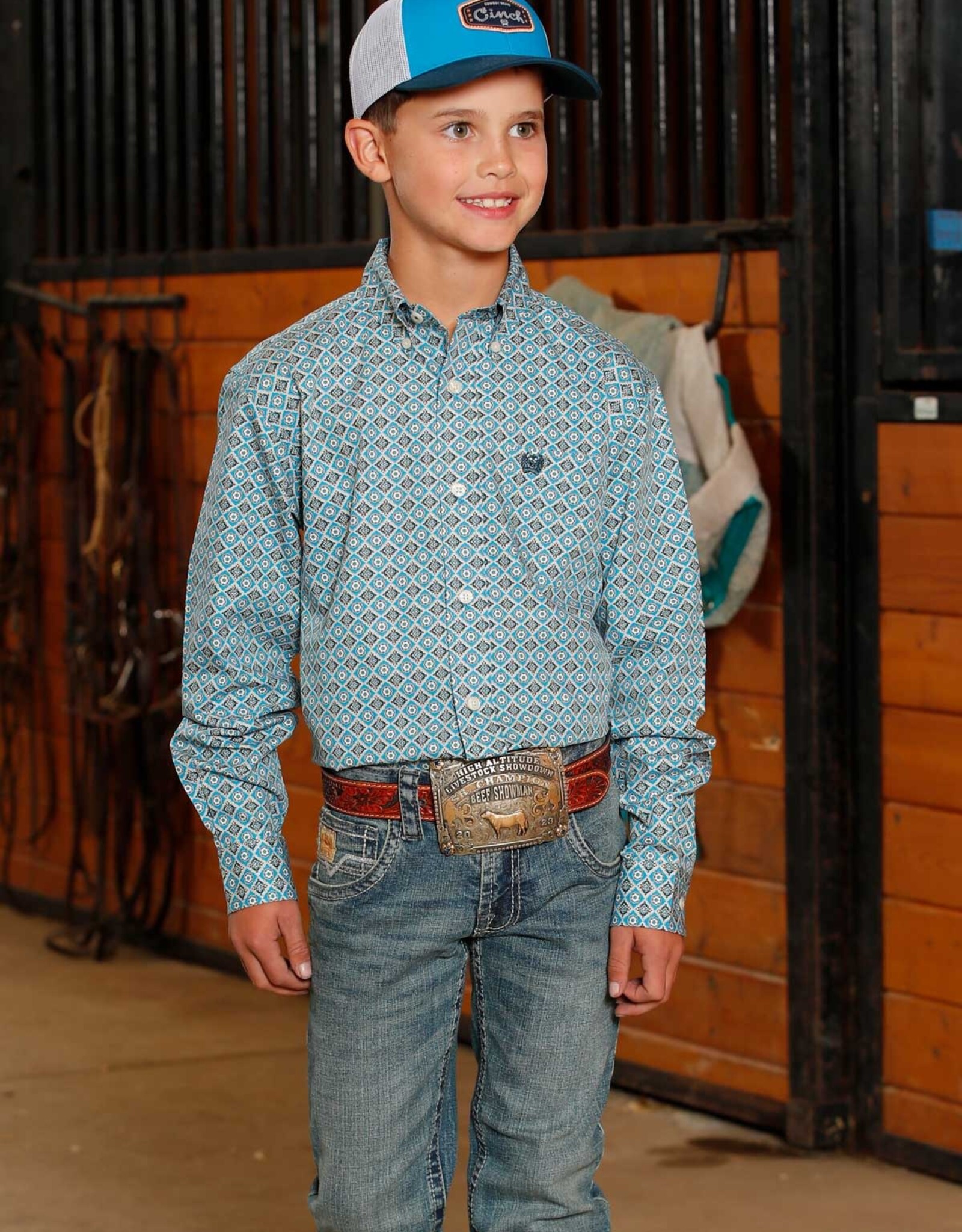 Cinch Boys Cinch Blue Geo Print Long Sleeve Button Western Shirt