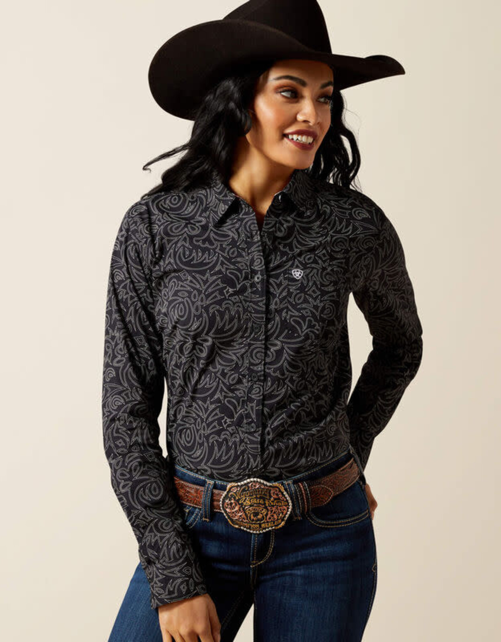 Ariat Womens Ariat Black Boot Stitch Kirby Stretch Long Sleeve Button Western Shirt Sz ~ S - 3X