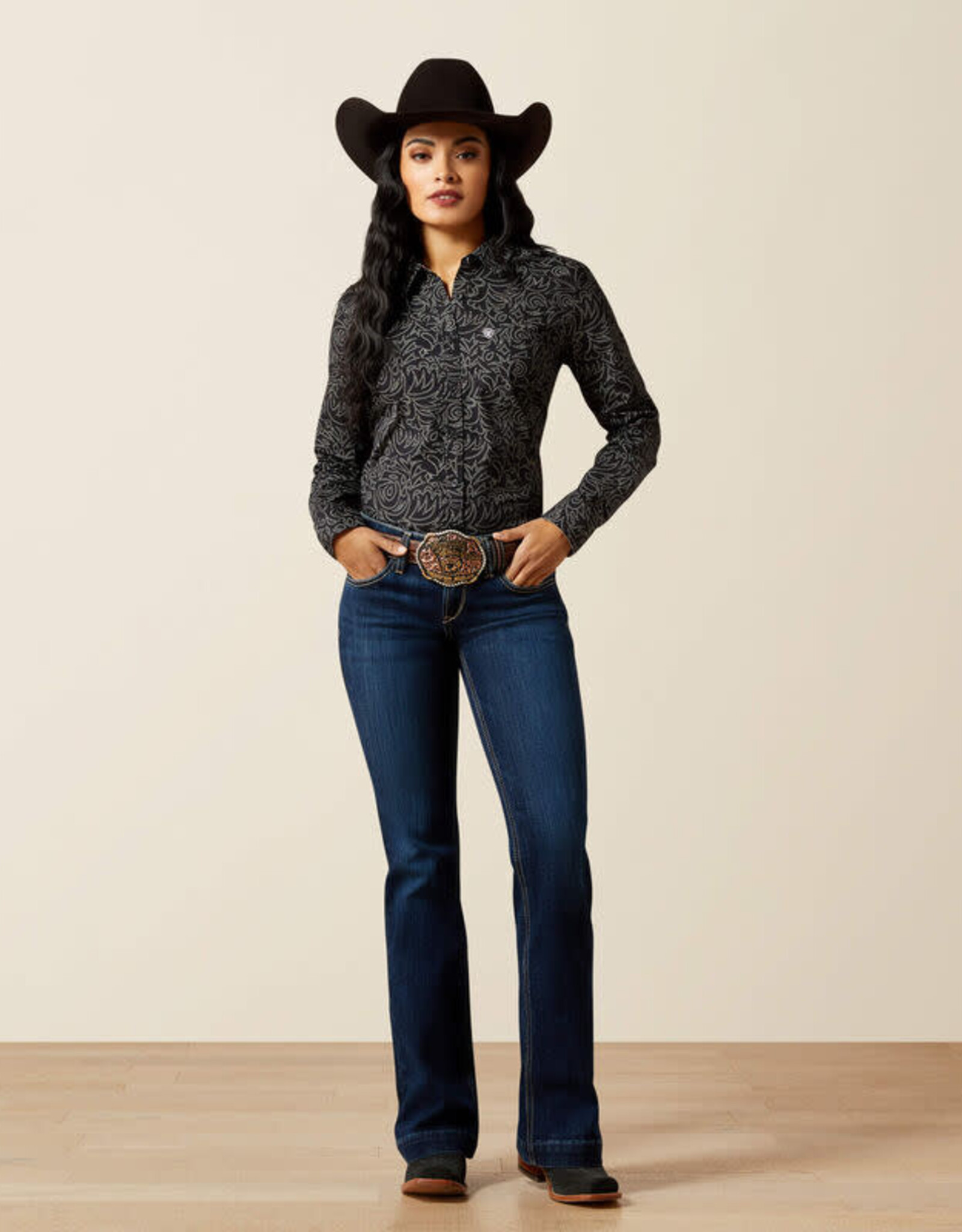 Ariat Womens Ariat Black Boot Stitch Kirby Stretch Long Sleeve Button Western Shirt Sz ~ S - 3X