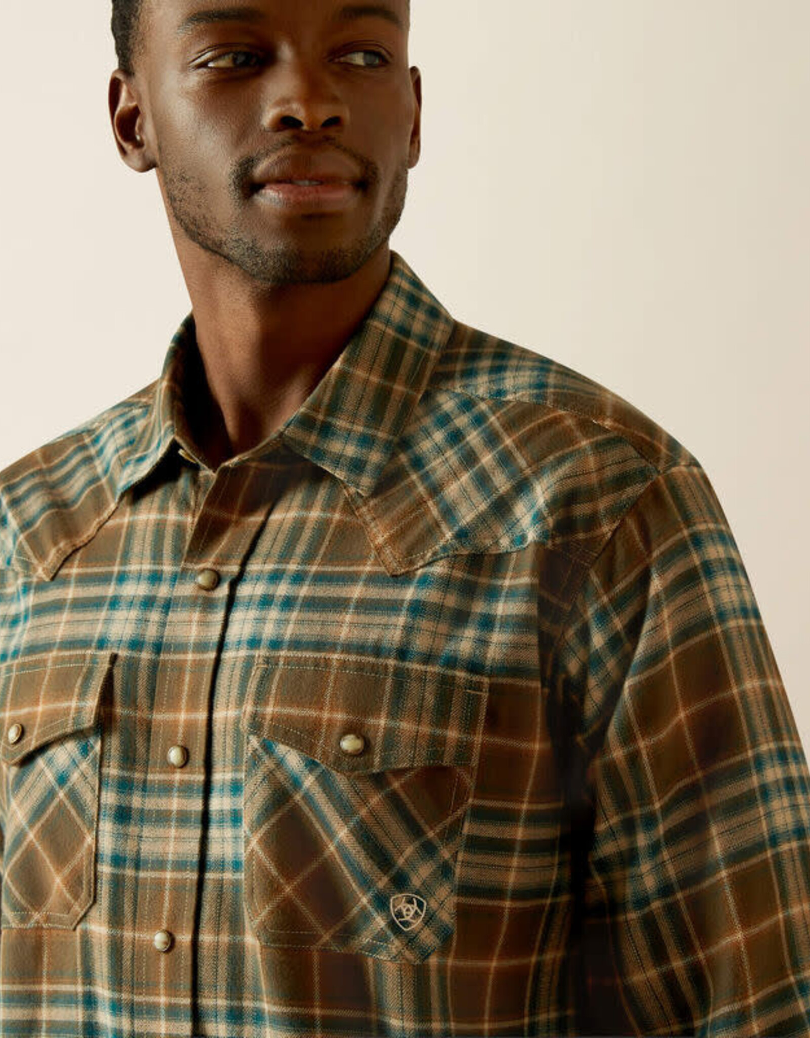 Ariat Mens Ariat Dark Green Henry Retro Snap Brushed Cotton Plaid  Long Sleeve Western Shirt