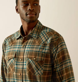 Ariat Mens Ariat Dark Green Henry Retro Snap Brushed Cotton Plaid  Long Sleeve Western Shirt