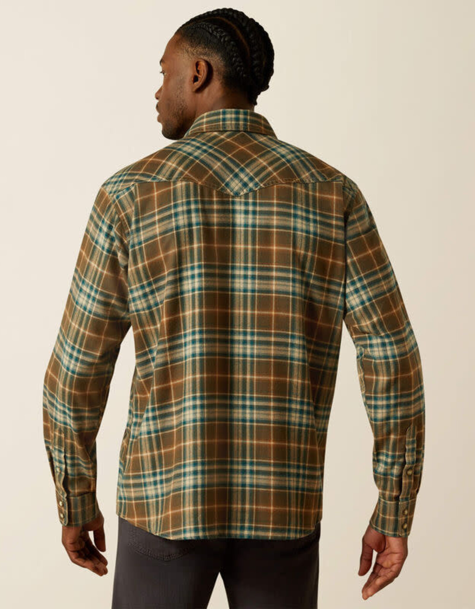 Ariat Mens Ariat Dark Green Henry Retro Snap Brushed Cotton Plaid  Long Sleeve Western Shirt