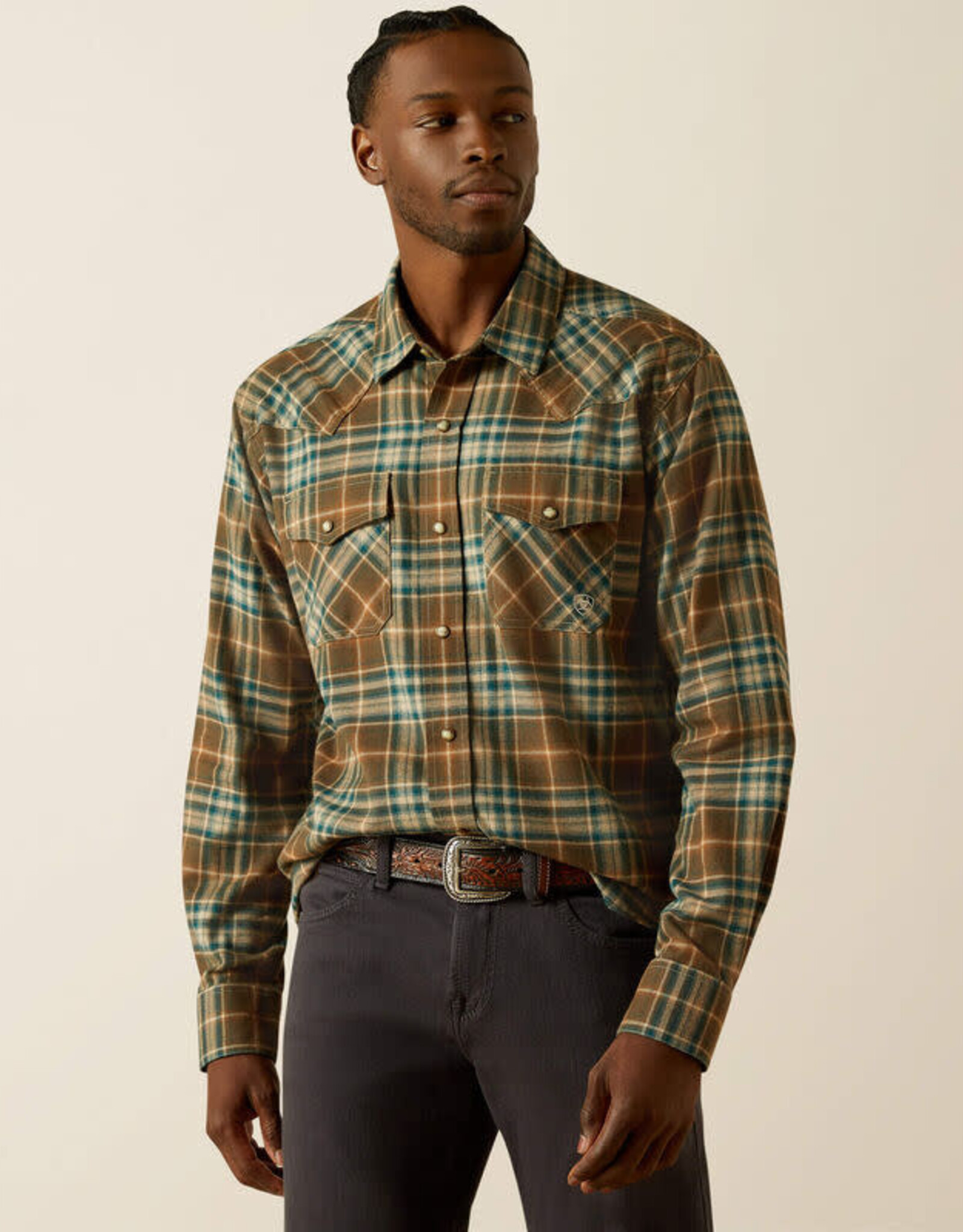 Ariat Mens Ariat Dark Green Henry Retro Snap Brushed Cotton Plaid  Long Sleeve Western Shirt